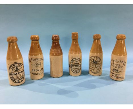 Six stoneware advertising bottles, William Robson Sunderland, George E. Evans, South Shields, James Crisp, Sunderland, R. Fen