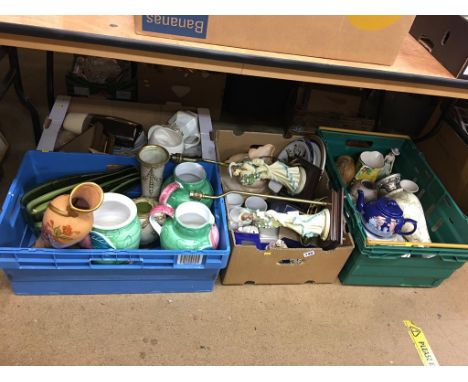 Four boxes of china including vases, crockery, figural lamp bases etc.