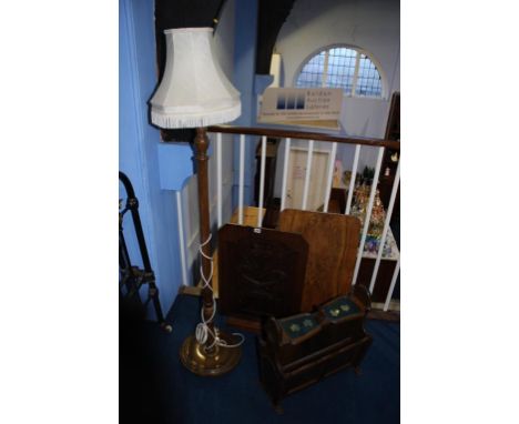 Walnut folding table, lamp, fire screen and magazine rack