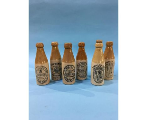 Six stoneware advertising bottles to include Wood and Sons, Bedlington Furnace, Jason McKie and Son, Newcastle, John Thompson