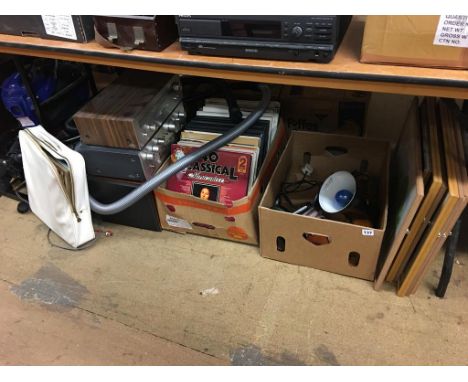 Akai stereo, LPs, lamp, Russell Hobbs hoover etc.