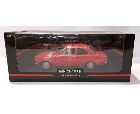 Minichamps (Paul's Model Art), a boxed 1:18 scale Ford Escort I RHD (1968). Although unchecked for completeness condition app