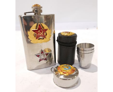 A group of Russian/Soviet Union Military Drinkware. Includes Stainless steel 6oz Flask with others. Although unchecked for co