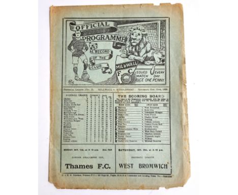 Millwall V Middlesbrough PRE SECOND WORLD WAR 1928/29 Season Football Programme Oct 13th 1928 (4 pages only) EX Binder Copy. 