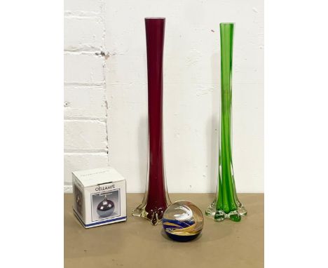 2 large Art Glass vases and a large Art Glass paperweight by Caithness. Vases 40cm 