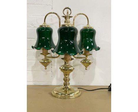 A large brass 3 branch table lamp with glass shades. 44x53cm 