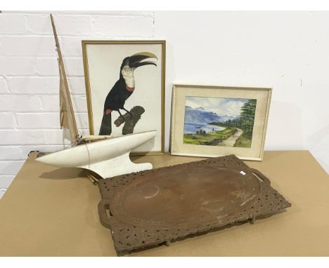 A sundry lot. Including a vintage watercolour of Loch Maree, Scotland. A vintage model yacht. A vintage gilt framed  Toucan p