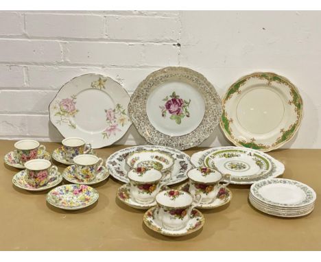 A collection of pottery tea ware. Royal Albert Old Country Roses. Royal Albert Chelsea Bird dish. Midwinter coffee cups and s