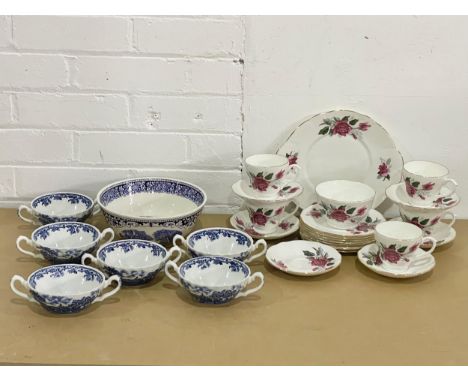 A collection of pottery. Myott &amp; Sons blue and white bowl and 6 soup bowls with a Duchess part tea set. 