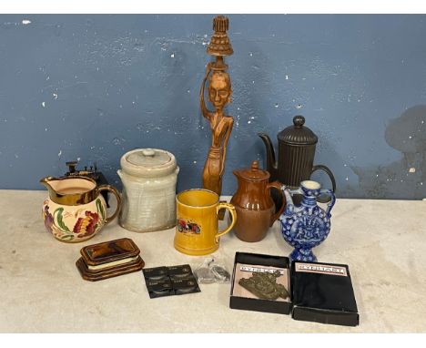 A sundry lot of pottery etc. a large African boxwood figure 49cm. German salt glazed pitcher. Coins. Glazed studio pottery ja