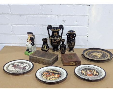 A sundry lot including 3 hand made Greek plates, wooden trinket boxes, etc 