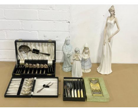 A Walker &amp; Hall silver plated cutlery set with other cutlery and figurines. 