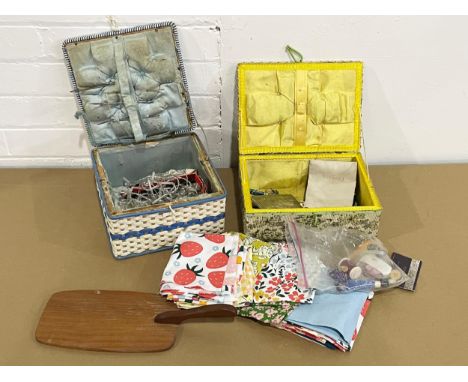 2 vintage sewing baskets and a Mid Century teak cheese board. 22x22x13cm. Cheese board 32cm 