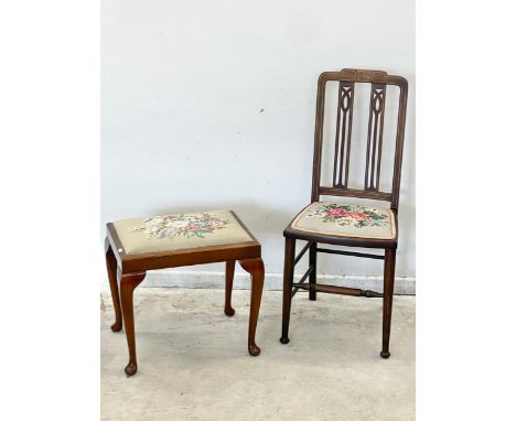 An Edwardian inlaid mahogany side chair with tapestry seat and a vintage stool. 