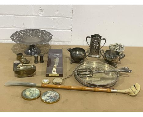 A sundry lot of silver plate etc. Ronson lighter, pocket watches, Royal Albert Old Country Roses knife in box etc 