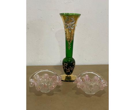 A vintage hand painted Bristol Green Venetian vase and a pair of Art Glass miniature basket bowls. Vase 20cm 