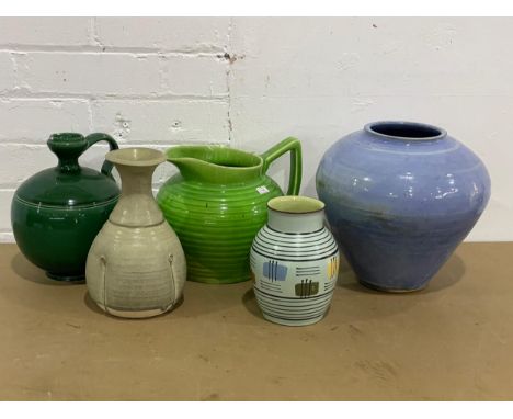 5 large vintage glazed stoneware potter jugs and vases. Largest 26x25cm 