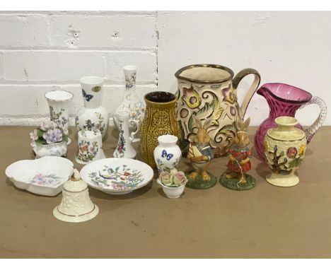 A collection of pottery. A Ruby Glass jug, West German vase, Wade hand painted jug, Aynsley pottery etc . 