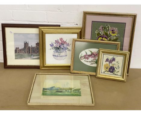 A quantity of prints and framed embroideries. Including a Maurice C Wilks print. 