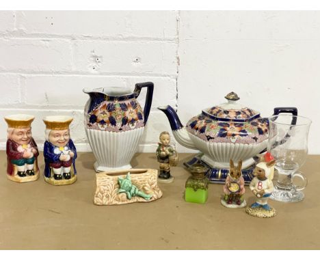 A collection of pottery. 2 Royal Doulton Bunnykins. A Victorian teapot and stand with matching jug, by S. Johnson LTD Burslem