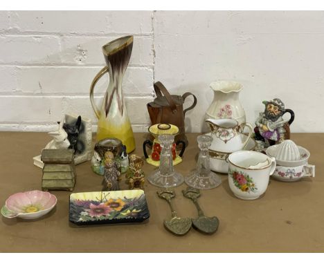 A sundry lot of pottery. Victorian moustache cup, 4 Wade figures, Belleek vase, Carlton Ware dish, Burleigh Ware jug etc. 