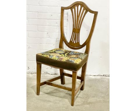 A George III oak Hepplewhite style side chair with tapestry seat. Circa 1800. 