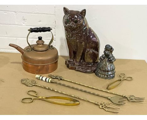 A sundry lot. A vintage cast iron cat door stop/companion set with glass eyes 33cm. A copper kettle, fire tools etc. 