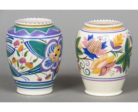 Two Poole pottery vases, one decorated by Hilda Hampton, the other by Gladys Hallett
Painted and impressed marks to base.  Bo