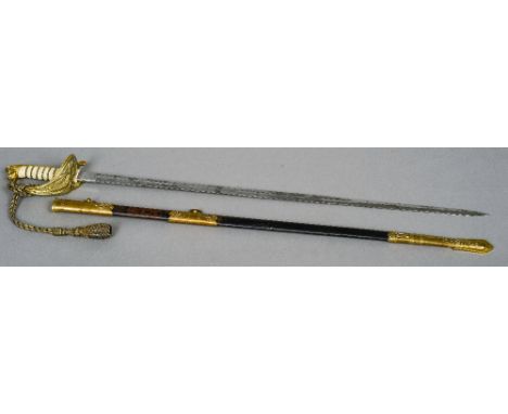 A naval officers dress sword by Jieves
The blade engraved with the Queens cypher, with a wire bound shagreen grip, the guard 