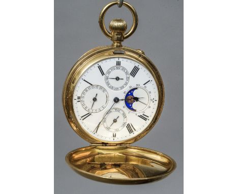 A Victorian 18 ct gold cased full hunter calendar pocket watch, hallmarked Sheffield 1872
With moonphase, the white enamel di