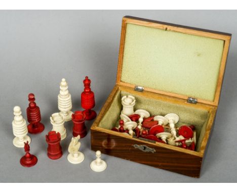 A 19th century carved and stained bone chess set
The Kings 9 cm high. CONDITION REPORTS: Some fritting, some wear to staining
