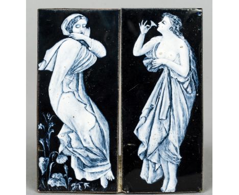 A pair of small Limoges Art Nouveau enamel plaques
Each decorated with a young lady in white on a black background.  Each 8 c