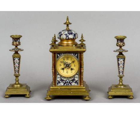 A French gilt metal and champleve triple clock garniture
The gilt dial with Arabic numerals signed Byrne, Paris and with gong