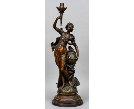 A painted white metal lamp
Formed as an Art Nouveau lady holding a globe.  86 cm high. CONDITION REPORTS: Overall good, some 