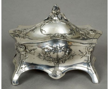 A late 19th/early 20th century WMF silver plated Britannia metal Jugendstil trinket box
Bombe shaped with organic decoration,
