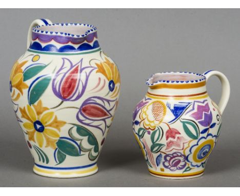A Poole pottery jug, possibly decorated by Jean Millership
Together with another, similar but smaller, decorated by Clarice H