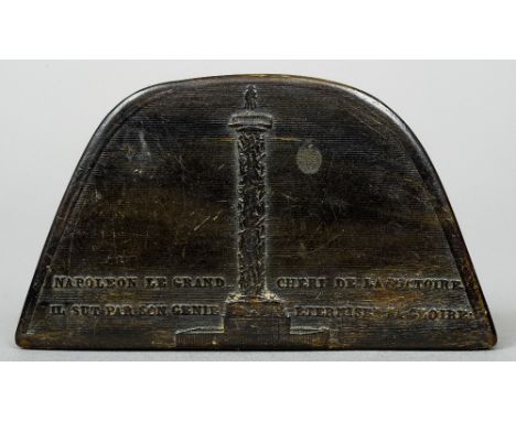 A 19th century French horn snuff box
Formed as Napoleons hat, one side decorated with Napoleon's column.  8 cm wide.  CONDITI