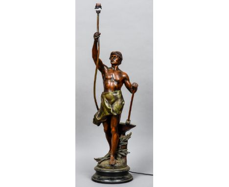 A large painted white metal lamp 
Formed as a semi-clothed figure holding a hammer.  101 cm high. CONDITION REPORTS: Overall 