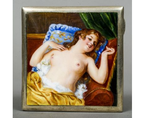 A Continental 900 silver enamel decorated cigarette case
The front decorated with a topless girl reclining on a settee.  8.5 