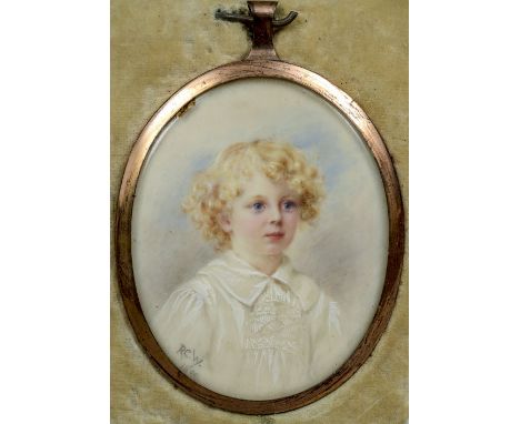 An unmarked yellow metal portrait miniature of a young child
With curly blond hair, monogrammed RCW, dated 1899.  7 cm high. 