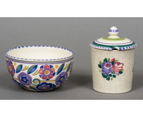 A Poole pottery preserve pot and cover, decorated by Winifred Rose
Together with a Poole pottery bowl, decorated by Iris Skin