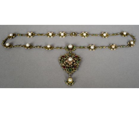 An 18th/19th century Continental silver and enamel pendant and chain
Set throughout with emeralds, pearls and garnets.  The p