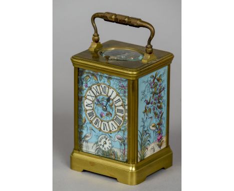 A French brass cased porcelain inset repeating alarm travel clock
The decorated dial with Roman numerals above an alarm dial,