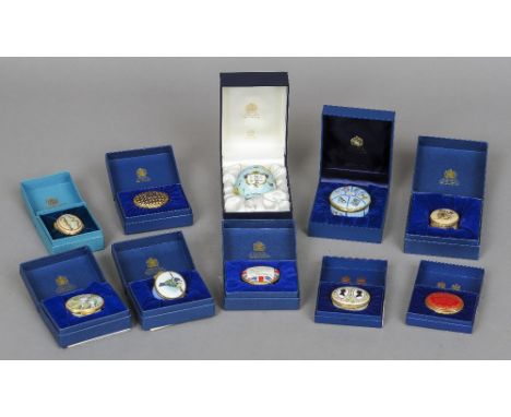 Nine Halcyon Days enamel boxes and a Halcyon Days enamel bonbonniere
Variously decorated, all in fitted boxes.  (10)
 CONDITI