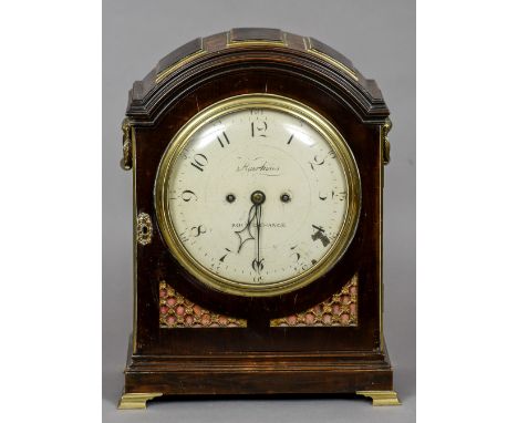 An 18th/19th century mahogany cased eight day triple pad top bell striking mantel clock
The 8 inch white painted dial signed 