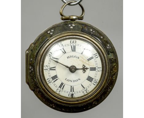 A Georgian silver pair cased verge pocket watch
The white enamel dial with Arabic and Roman numerals inscribed Higgs, London 