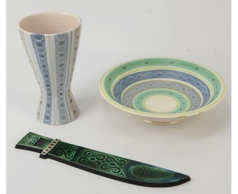 Poole pottery, a pottery sword, 31.5cm long, together Freeform vase, pattern no. X/PLC, 19.5cm high, a Freeform bowl, pattern