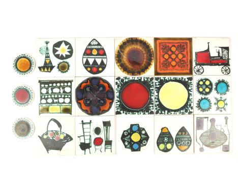 H and R Johnson Ltd, a collection of  fourteen tiles, to include some designed by Ann Wynn Reeves, with four circular mats or