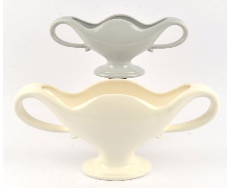 Fulham Pottery, a white glazed twin handled flower vase, on oval pedestal base, printed marks to the base,  19.5cm high x 42c