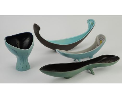 Colin Melbourne (British, 1928-2009) for Beswick, a brown and turquoise canoe shaped dish, 17.5cm high, together with two elo